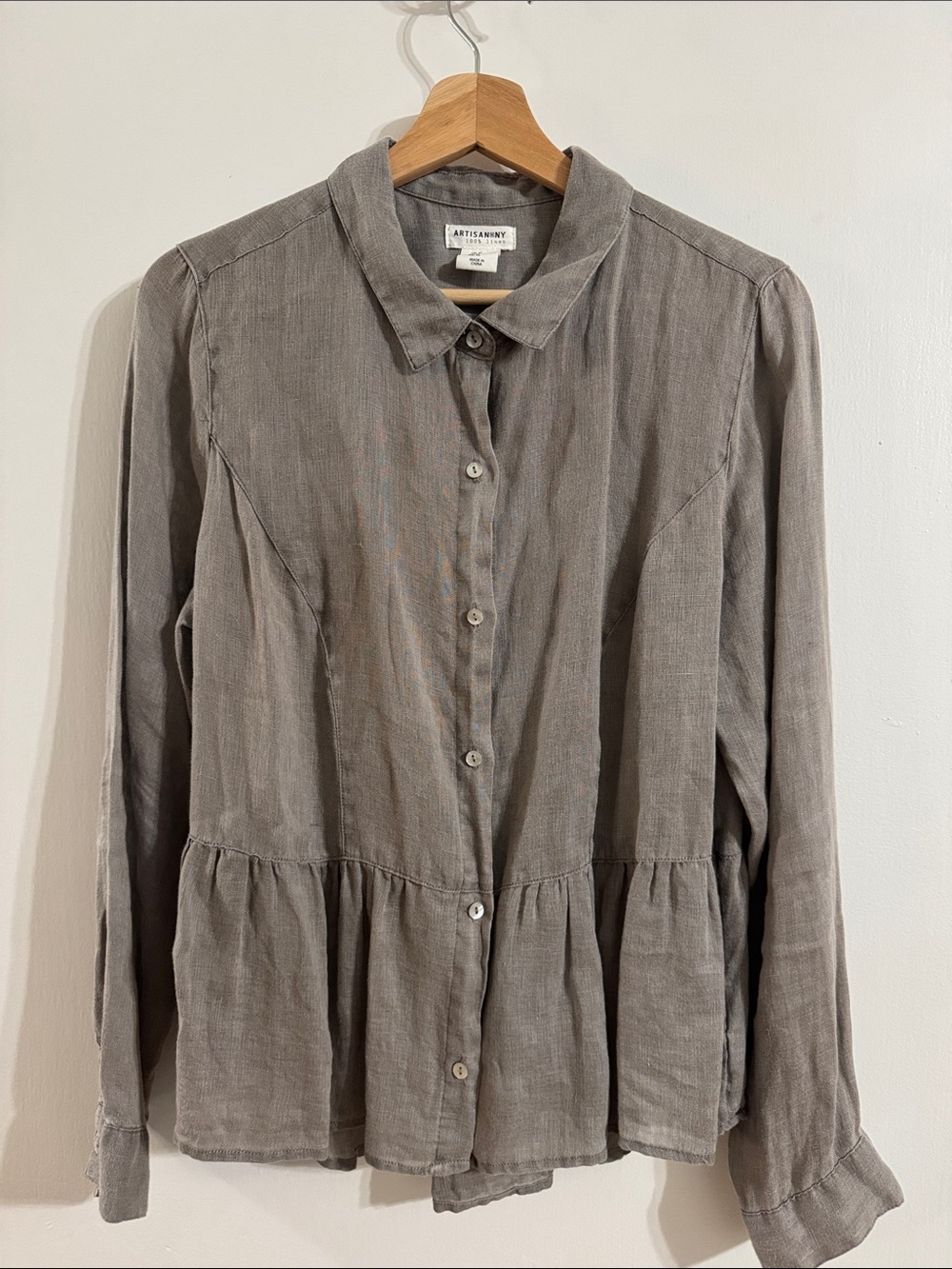 Artisan Taupe Button-Front Peplum Linen Shirt